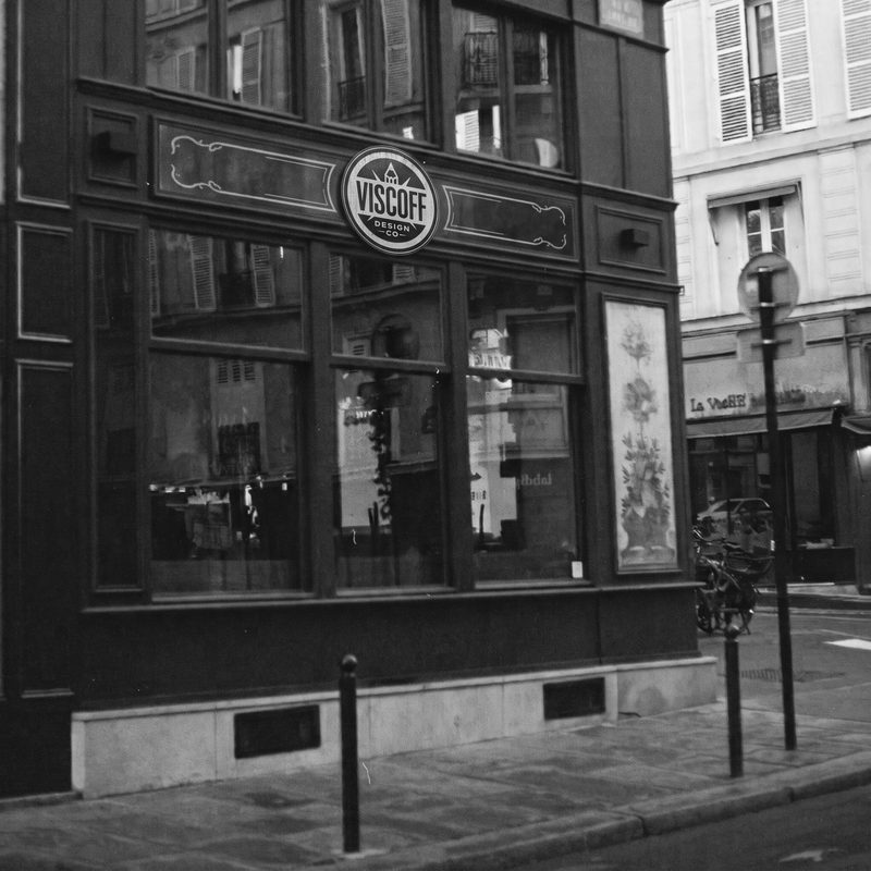A Parisian shopfront with the Viscoff Design Co sign above the windows